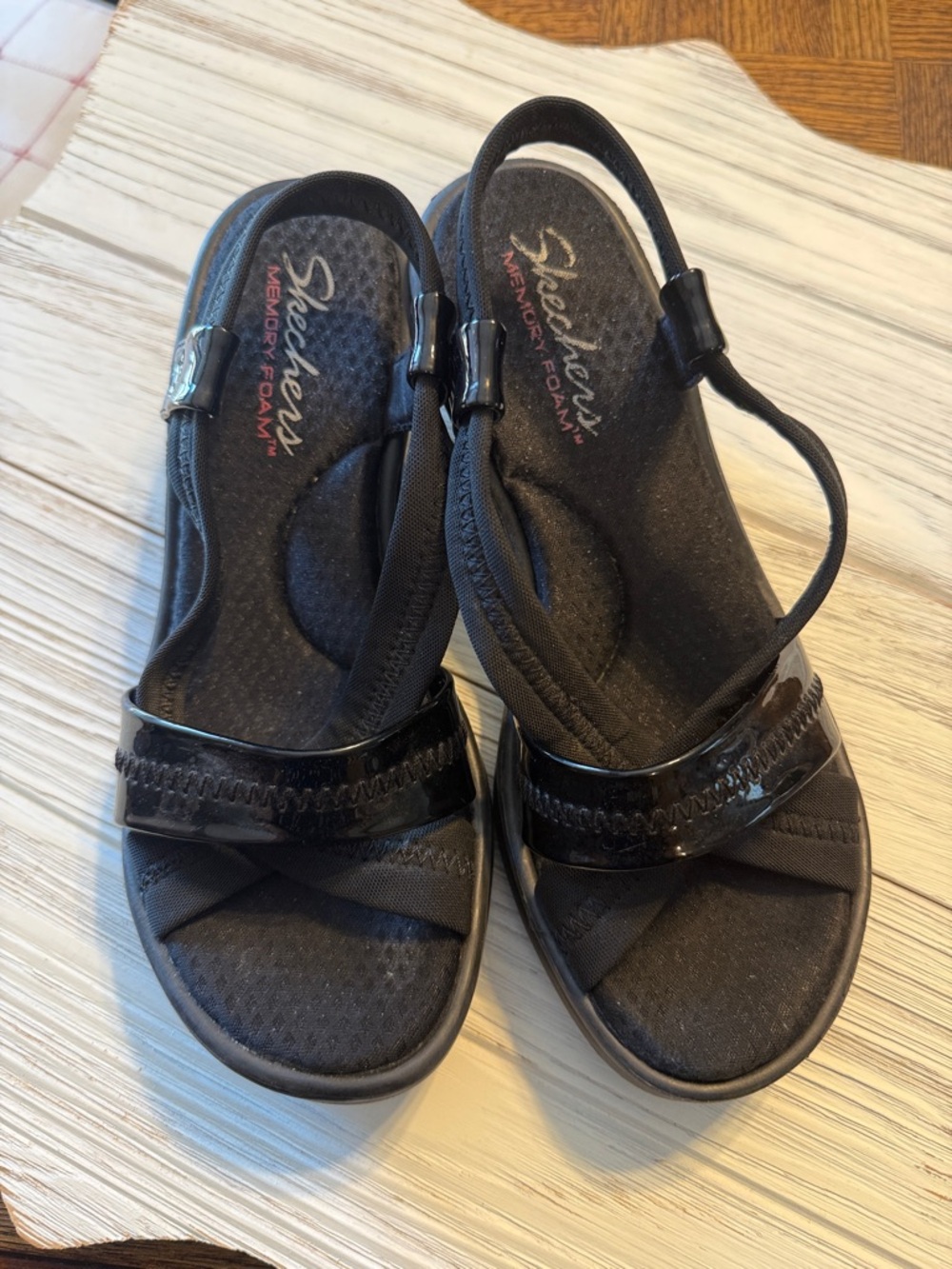 Skechers Black Women’s Slingback Memory Foam Sandals with Gloss Strap